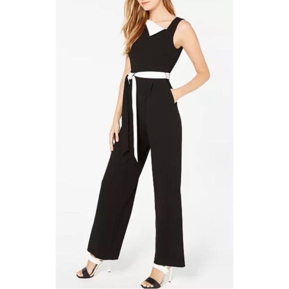 Calvin Klein Pants - NWOT Calvin Klein Asymmetrical Fold-Over Black and White Jumpsuit size 1…​